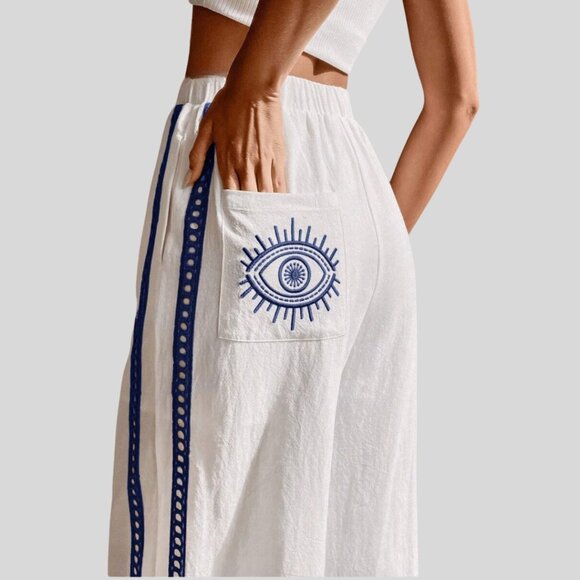 Embroidered Pocket Eye Pattern Cotton Wide Leg Pant - Picture 6 of 14